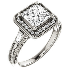 Princess Moissanite & Baguette Halo Engagement with Milgrain