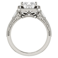 Princess Moissanite & Baguette Halo Engagement with Milgrain