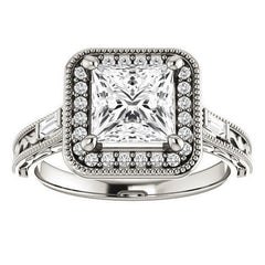 Princess Moissanite & Baguette Halo Engagement with Milgrain