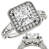 Princess Moissanite & Baguette Halo Engagement with Milgrain