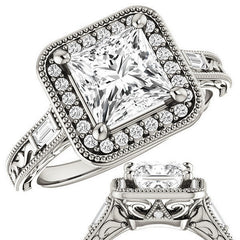 Princess Moissanite & Baguette Halo Engagement with Milgrain