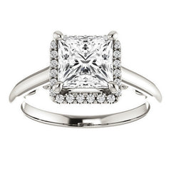 Princess Moissanite Halo Engagement Ring with Scroll