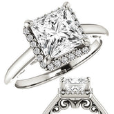 Princess Moissanite Halo Engagement Ring with Scroll