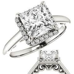Princess Moissanite Halo Engagement Ring with Scroll