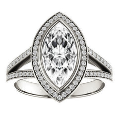 Marquise cut Moissanite Halo Split Shank Cathedral Engagement Ring