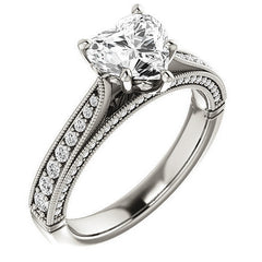Heart Shaped Scroll Milgrain Moissanite Engagement Ring