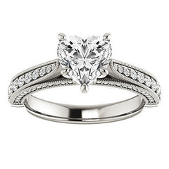 Heart Shaped Scroll Milgrain Moissanite Engagement Ring