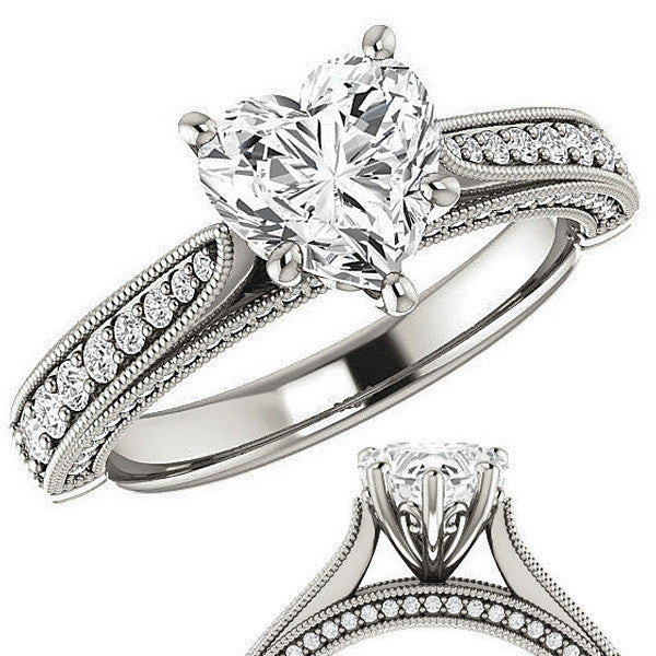 Heart Shaped Scroll Milgrain Moissanite Engagement Ring