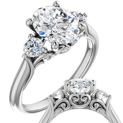 Oval and Round Brilliant Moissanite 3-Stone Ring with Scrolls