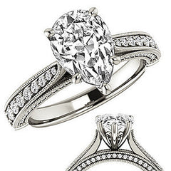 Pear Moissanite Scroll Milgrain Engagement Ring
