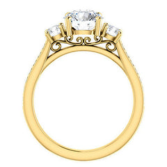 Round Three-Stone Moissanite Cathedral Engagement Ring