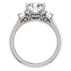 Cushion and Round Moissanite 3-Stone Ring with Scrolls