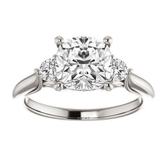 Cushion and Round Moissanite 3-Stone Ring with Scrolls
