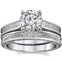 Trellis Round Moissanite Solitaire Ring with Rose Vine Design