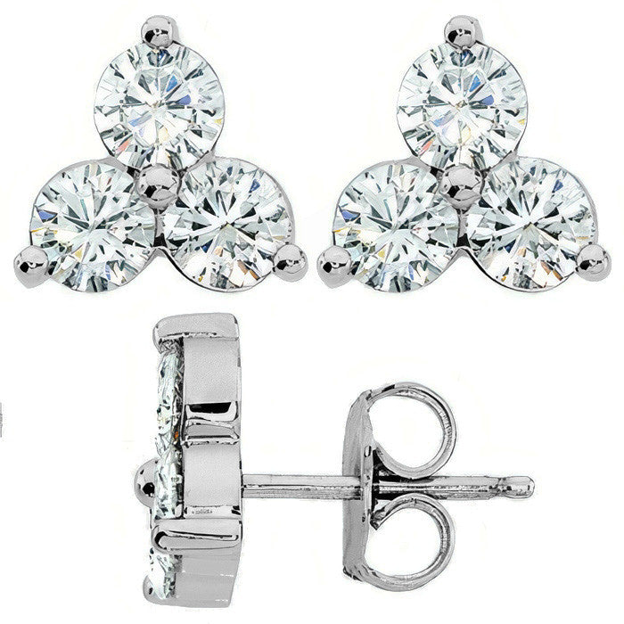 Round Moissanite Three Stone Earrings (4.5mm, 2ct) 14k W/Y
