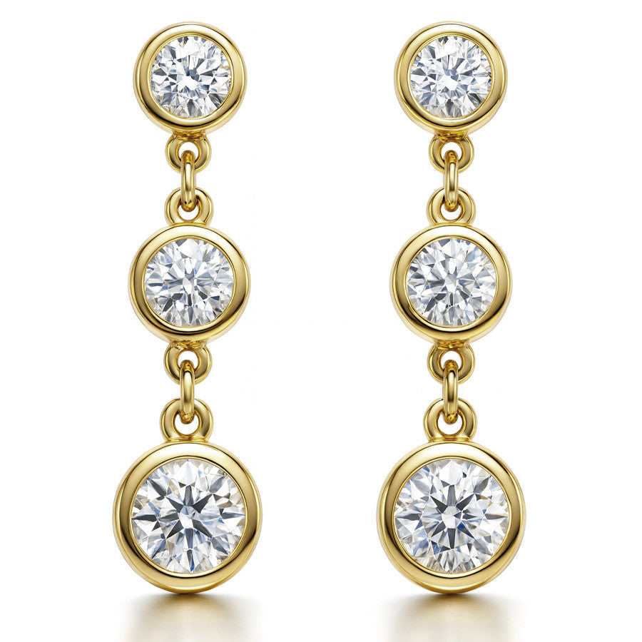 Round Moissanite Bezel Three Stone Earrings (4, 3.5, 3mm) 14k