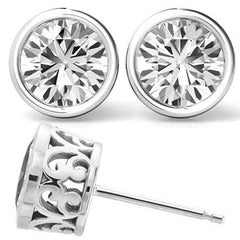 Round H&A Moissanite Bezel Stud Earrings w/ Scroll Gallery