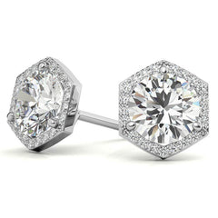 Hexagon Halo Round Moissanite Stud Earrings