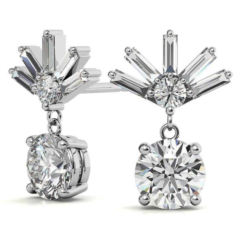 Baguette Accented Round Moissanite Drop Earrings