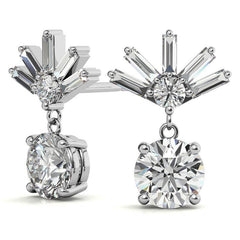 Baguette Accented Round Moissanite Drop Earrings