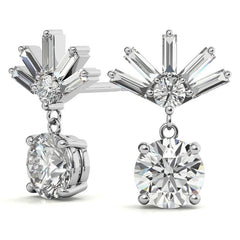 Baguette Accented Round Moissanite Drop Earrings