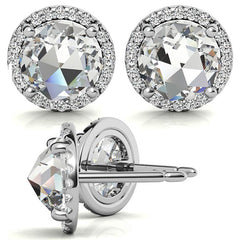 Round Rose Cut Halo Moissanite Stud Earrings