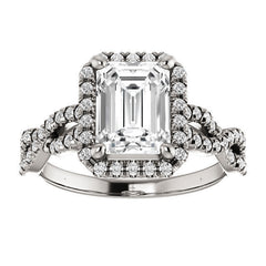 Emerald / Radiant Moissanite Halo Engagement Ring with Twisted Ban