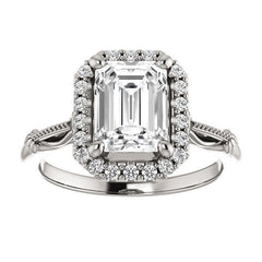 Halo and Floral Accents Emerald / Radiant cut Moissanite Engagement