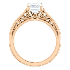 Emerald / Radiant Scroll Accent Cathedral Moissanite Solitaire Ring