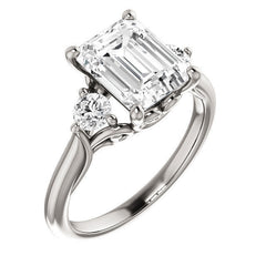 Emerald / Radiant and Round Brilliant Moissanite 3-Stone Ring with Scrolls