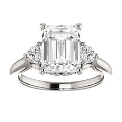 Emerald / Radiant and Round Brilliant Moissanite 3-Stone Ring with Scrolls