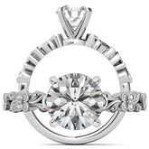 Round Brilliant Moissanite Floral Style Engagement Ring, 0.08ct
