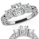 Three-Stone Floral Scroll Design Moissanite Engagement Ring