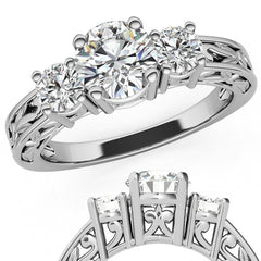 Three-Stone Floral Scroll Design Moissanite Engagement Ring