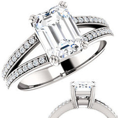 Emerald cut Moissanite & Diamond Split Shank Engagement Ring