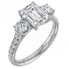 Emerald & Round Three-Stone Style Moissanite Engagement Ring