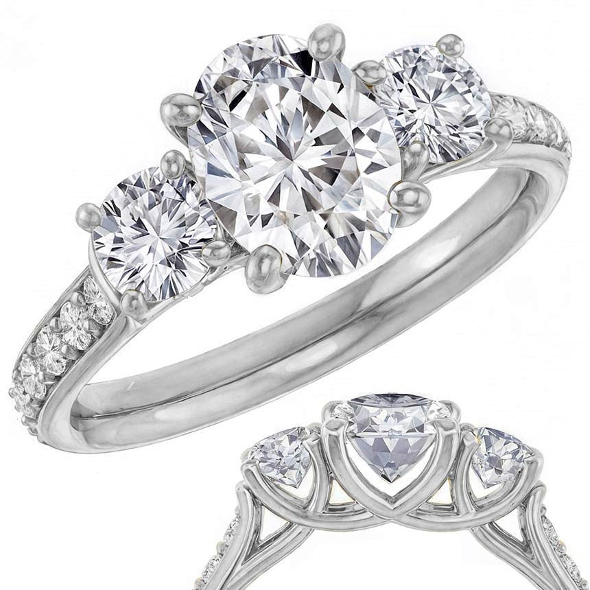 Oval & Round Three-Stone Moissanite Engagement Ring