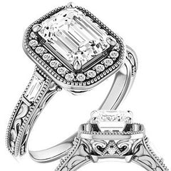 Emerald / Radiant Antique Halo Engagement Ring with Baguettes