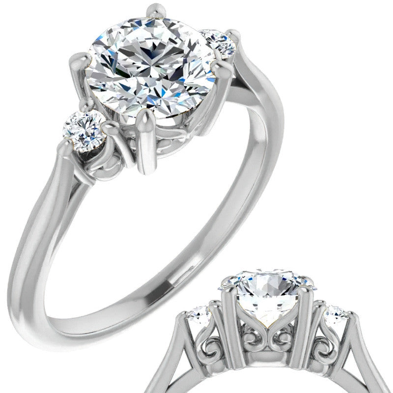 Round Three-Stone Cathedral Moissanite Engagement Ring