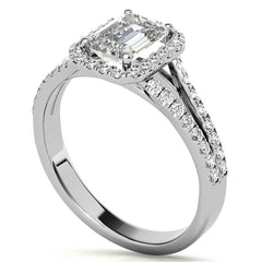 Emerald / Radiant Split Shank Halo Moissanite Engagement Ring