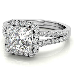 Princess Split Shank Halo Moissanite Engagement Ring