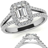 Emerald / Radiant Split Shank Halo Moissanite Engagement Ring