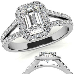 Emerald / Radiant Split Shank Halo Moissanite Engagement Ring