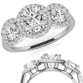 Round Three-Stone Halo Moissanite Engagement Ring