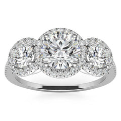 Round Three-Stone Halo Moissanite Engagement Ring