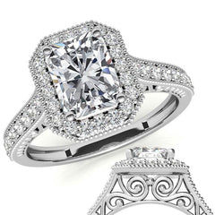Radiant/Emerald Scroll Halo Moissanite Engagement Ring