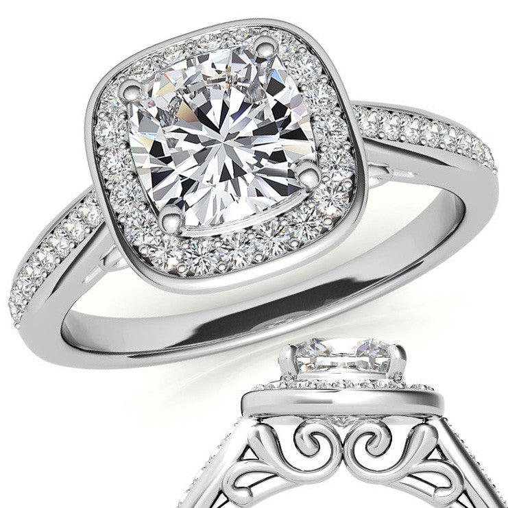 Cushion Scroll Halo Moissanite Engagement Ring