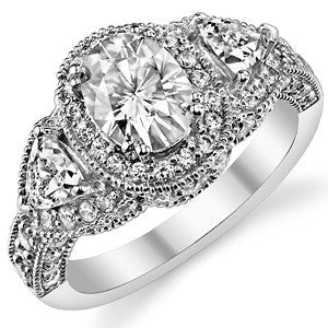 Oval & Trillion Three-Stone Halo Moissanite Engagement Ring