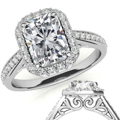 Radiant/Emerald Scroll Halo Moissanite Engagement Ring