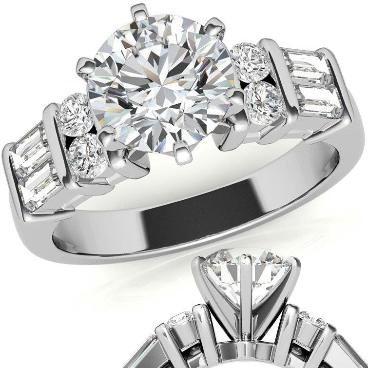 Round & Baguette Moissanite Engagement Ring Setting, 0.85ct